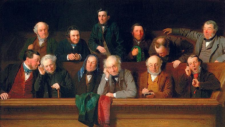 A historical portrait of men in a jury box to reflect on the issue of misconduct.