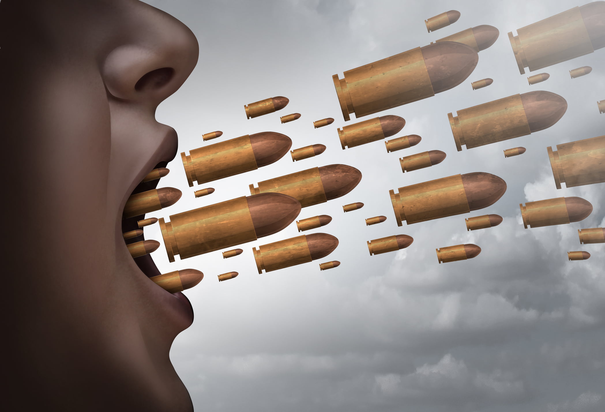 An open mouth with bullets flying out illustrating disturbing the peace laws in California