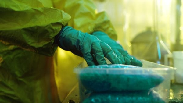 Vista and San Diego Drug Lawyer 4 A person in a hazmat suit and gloves processing and manufacturing methaphetamine